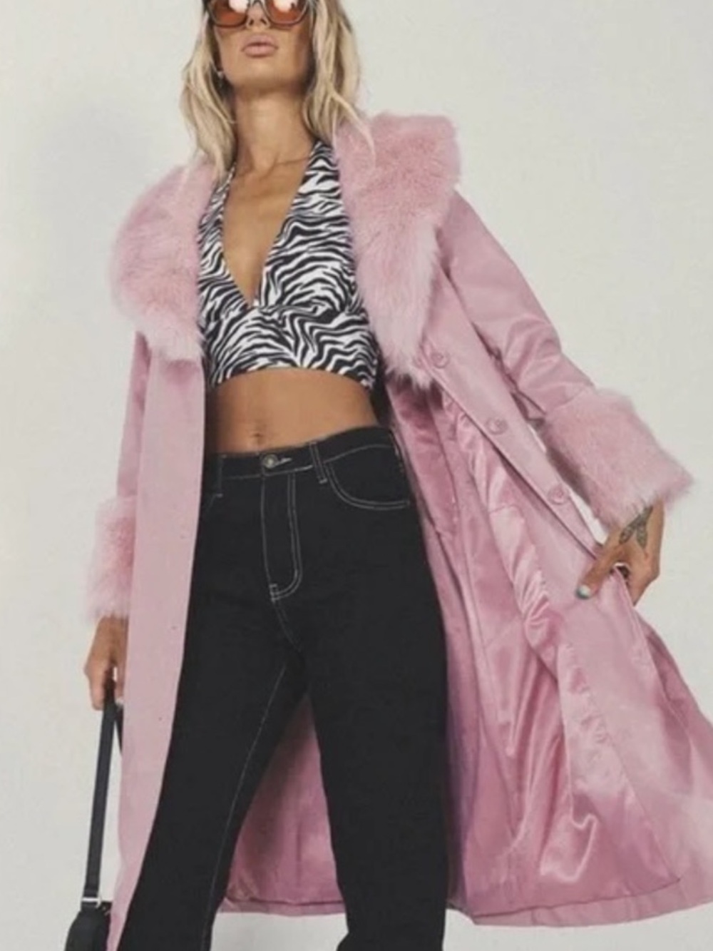 Princess Polly Pink Faux-Fur Trim Trench Coat